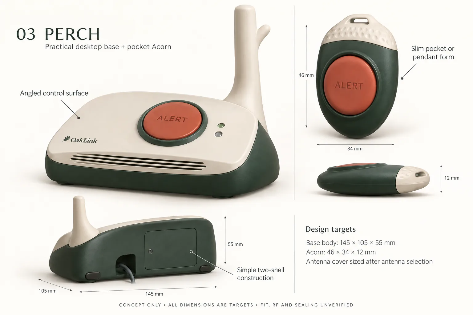 Perch concept illustration: base and Acorn wearable with front, side and service-area views; dimensions are targets only