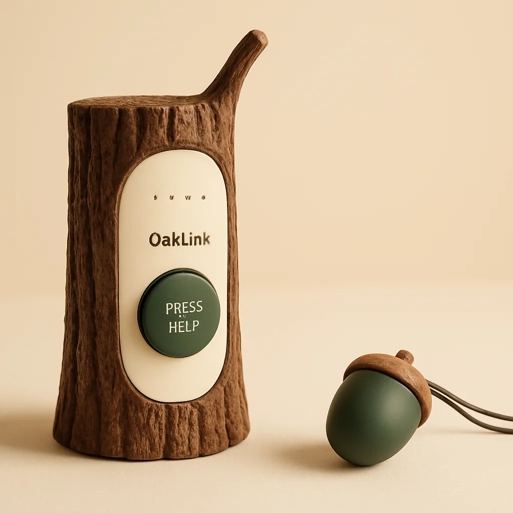 Original OakLink concept: a bark-covered tree base with a help button and an acorn-shaped wearable button